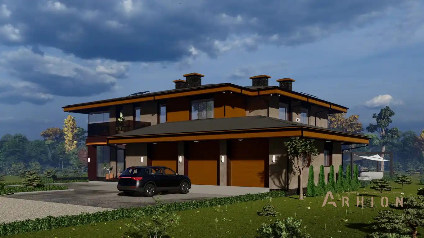 1. Проект двухэтажного дома в современном стиле с четырехскатной, h-1615, площадью - 726 кв c терассой, балконом, гаражом, вторым светом